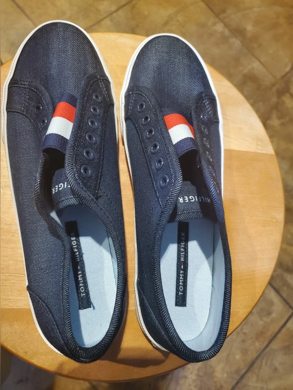 Tommy Hilfiger Women's Navy Slip-On Sneakers with Red and White Stripe